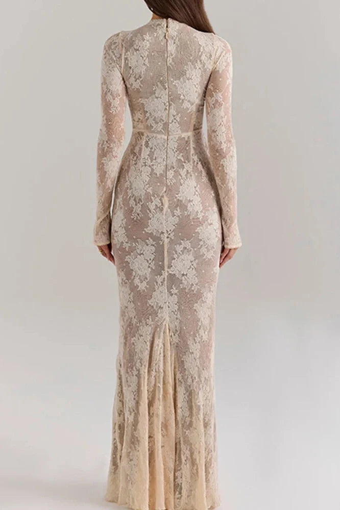 Hollow Out O-Neck Pleated Printed Lace Long Sleeve Slim Maxi Dress