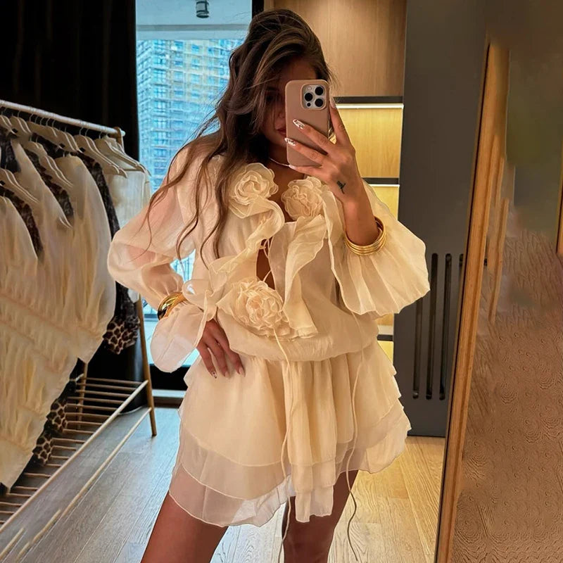 See-Through Lace Up Long Sleeve Mini Dress
