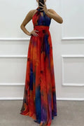 Hollow Out Printed Sleeveless High Waist Maxi Dress