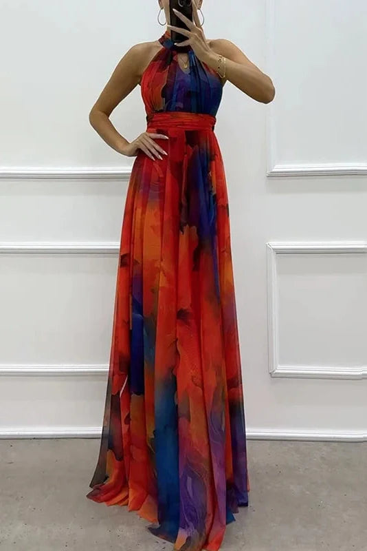Hollow Out Printed Sleeveless High Waist Maxi Dress