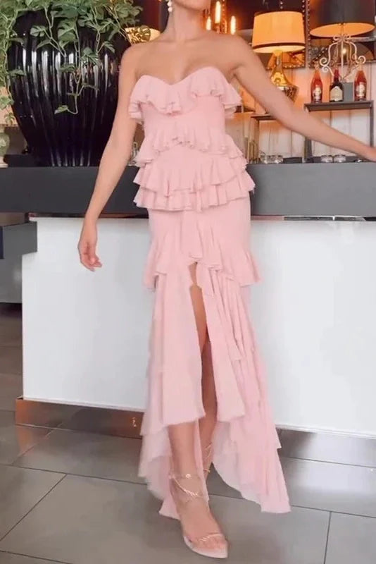 Elegant High Waist Split Strapless Maxi Dress