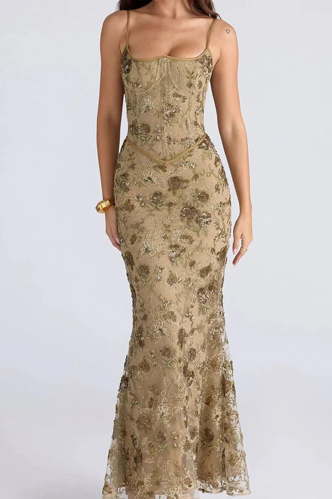 Hollow Out Lace Embroidery Slim Backless Maxi Dress