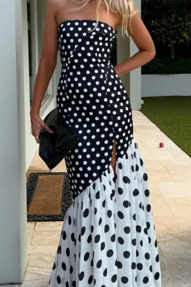 Elegant Split Polka Dot Printed Strapless High Waist Maxi Dress