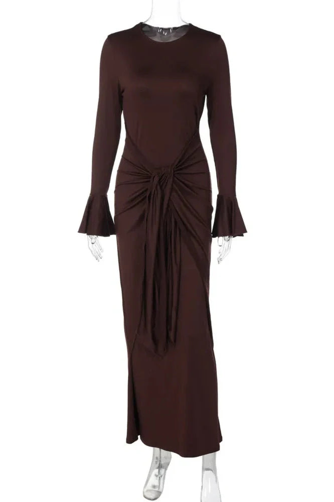 Elegant Long Sleeve O Neck High Waist Maxi Dress