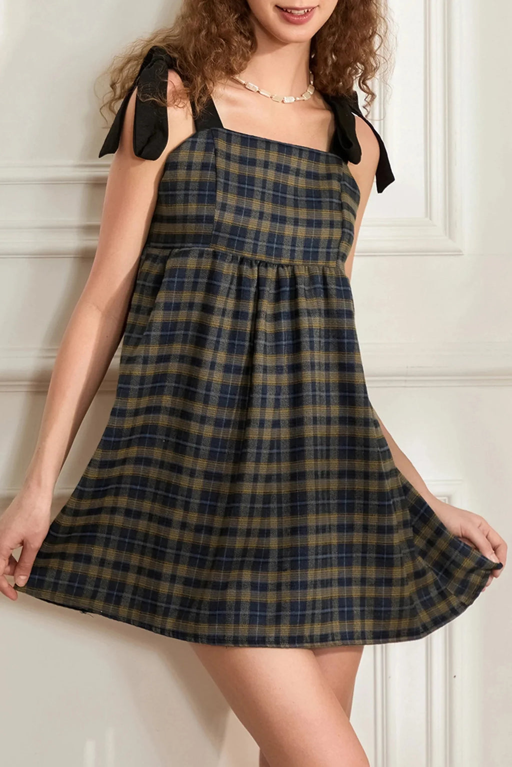 Tie-Up Strap Plaid Print A-Line Mini Dress