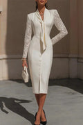 Long Sleeve Slim V-Neck Tie Up Lace Midi Dress