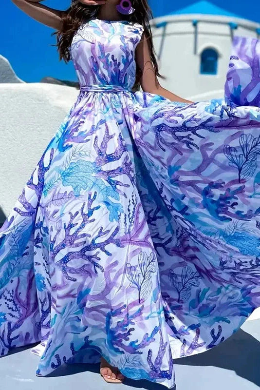 Printed Pleated Sleeveless High Waist Maxi Dress