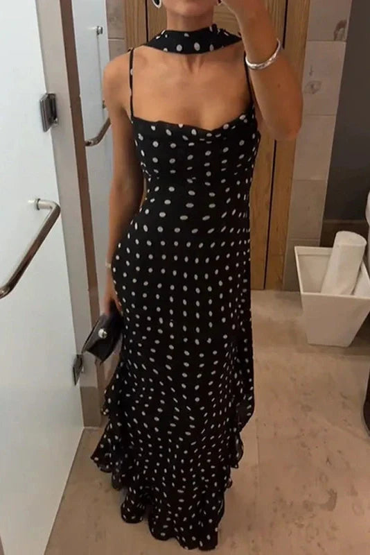 Elegant Polka Dot Scarf Fit Backless Sleeveless Maxi Dress