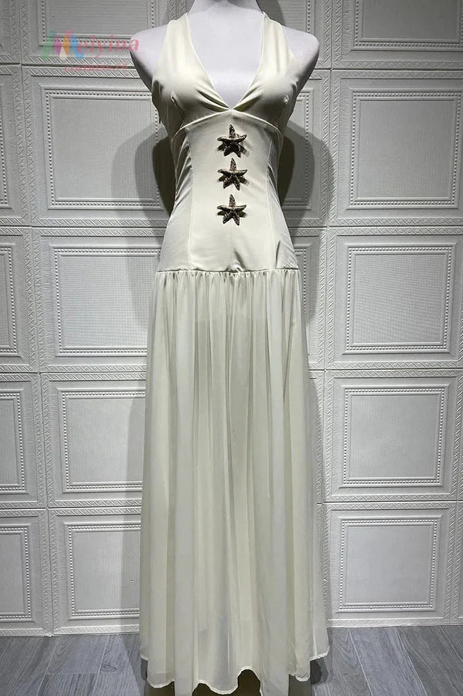 Backless Deep V Neck Sleeveless Maxi Dress