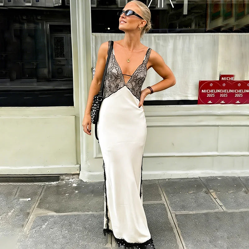 Elegant Deep V-Neck Patchwork Backless Maxi Dress