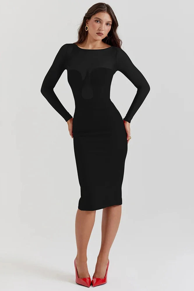 Elegant Long Sleeve Strapless Backless Split Bodycon Midi Dress 2026