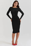 Elegant Long Sleeve Strapless Backless Split Bodycon Midi Dress 2026