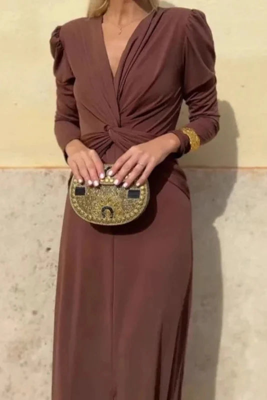 Elegant V-Neck Slim Long Sleeve High Waist Maxi Dress