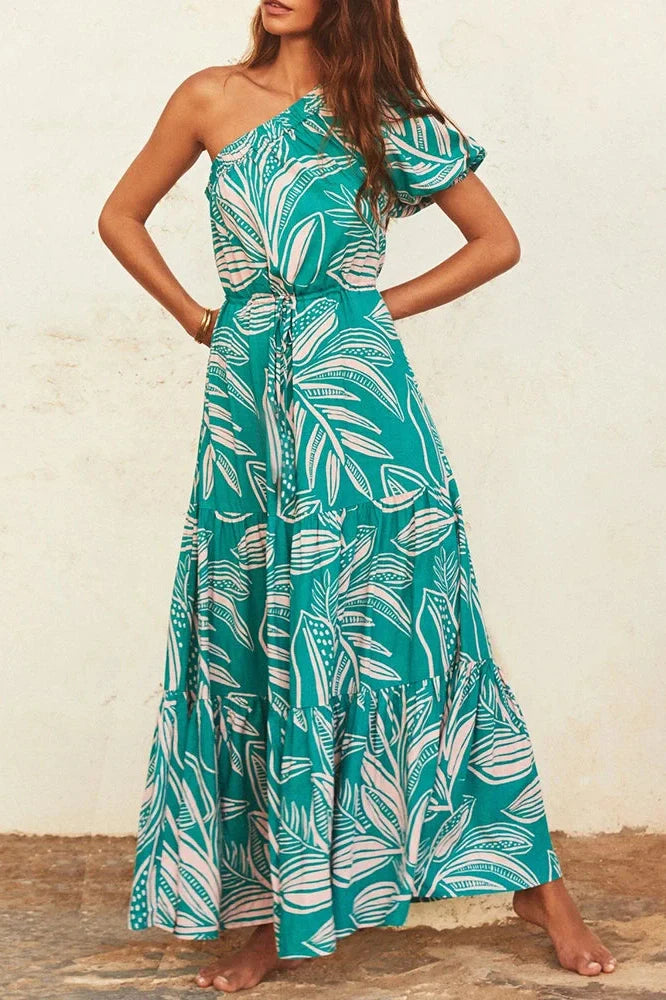 Printed High Waist Pleated One-Shoulder Sleeve Maxi Dress