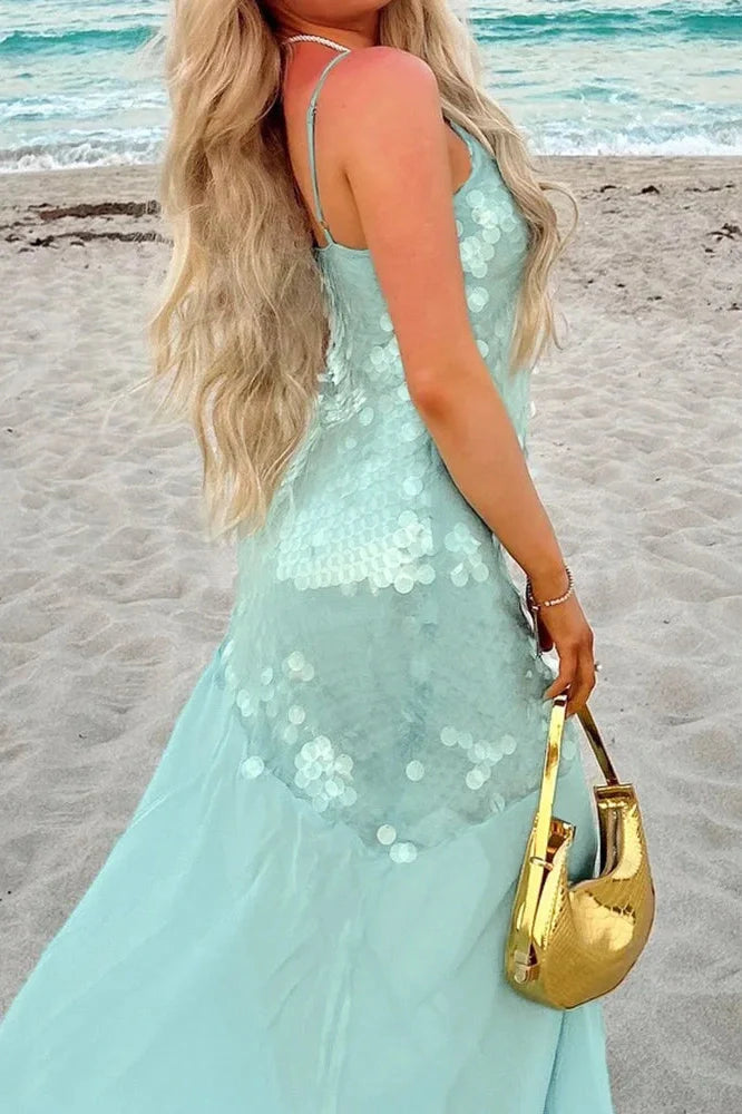 U Neck Backless Sleeveless High Waist Maxi Dress