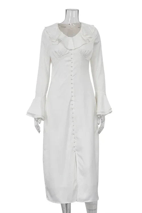 Elegant V Neck Slim Long Sleeve High Waist Midi Dress