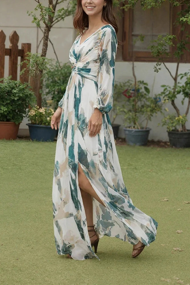 Long Sleeve Printed Pleated V-Neck High Waist Maxi Dress