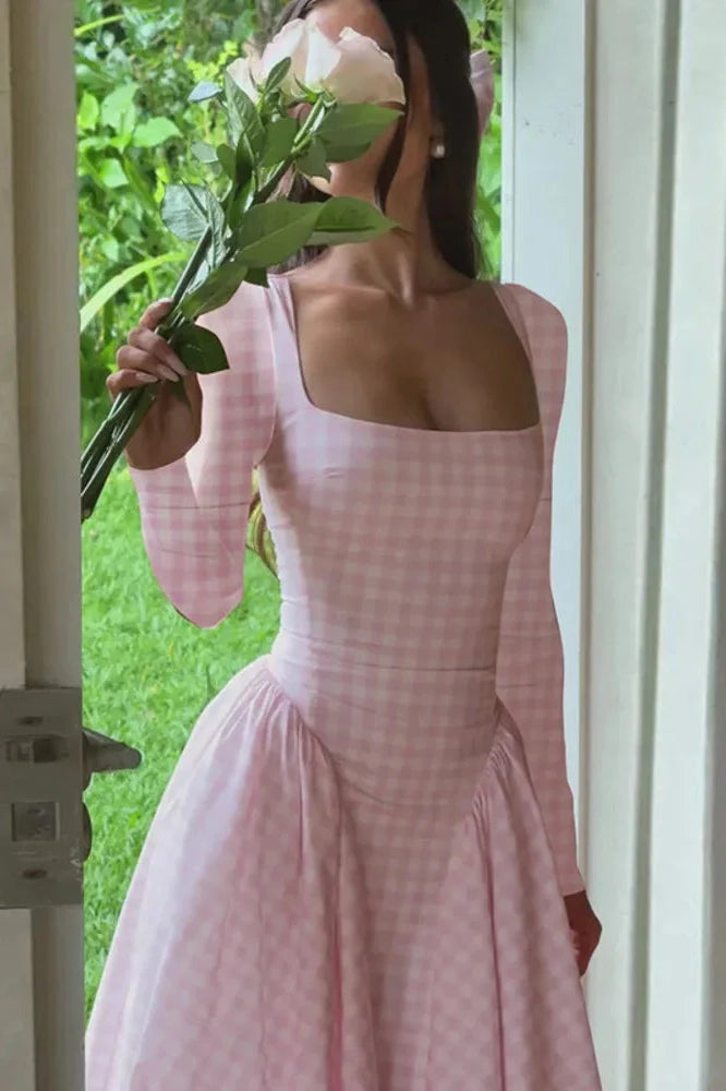 Plaid Long Sleeve Pleated Square Collar High Waist A-line Midi Dress