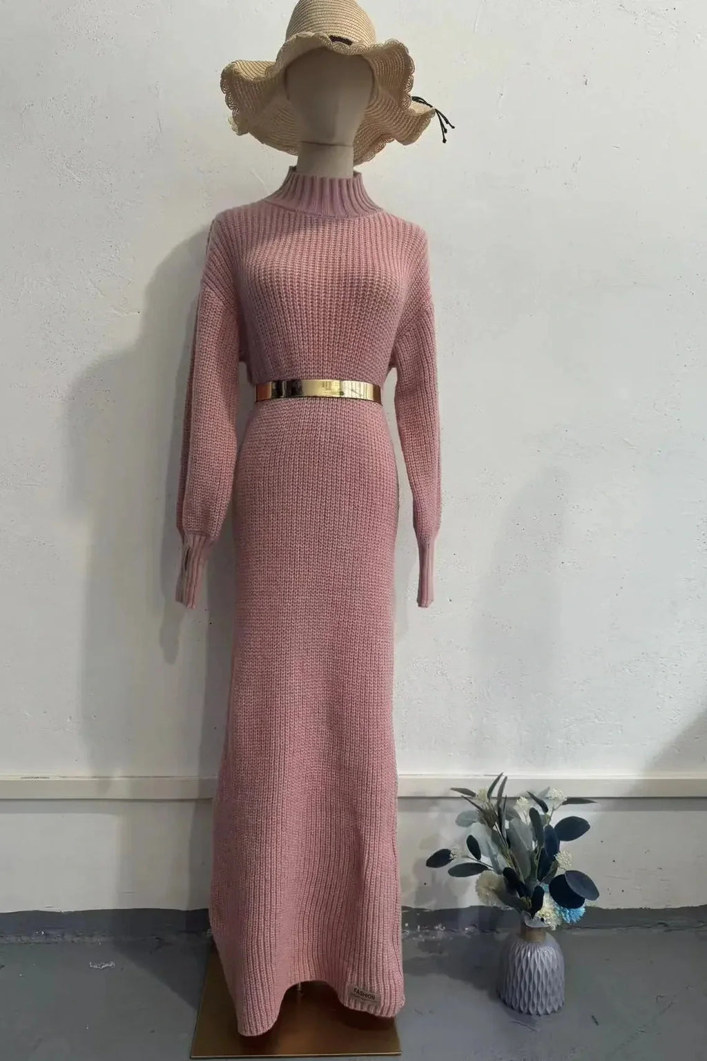 Elegant Knitted Turtleneck Long Sleeve Maxi Dress