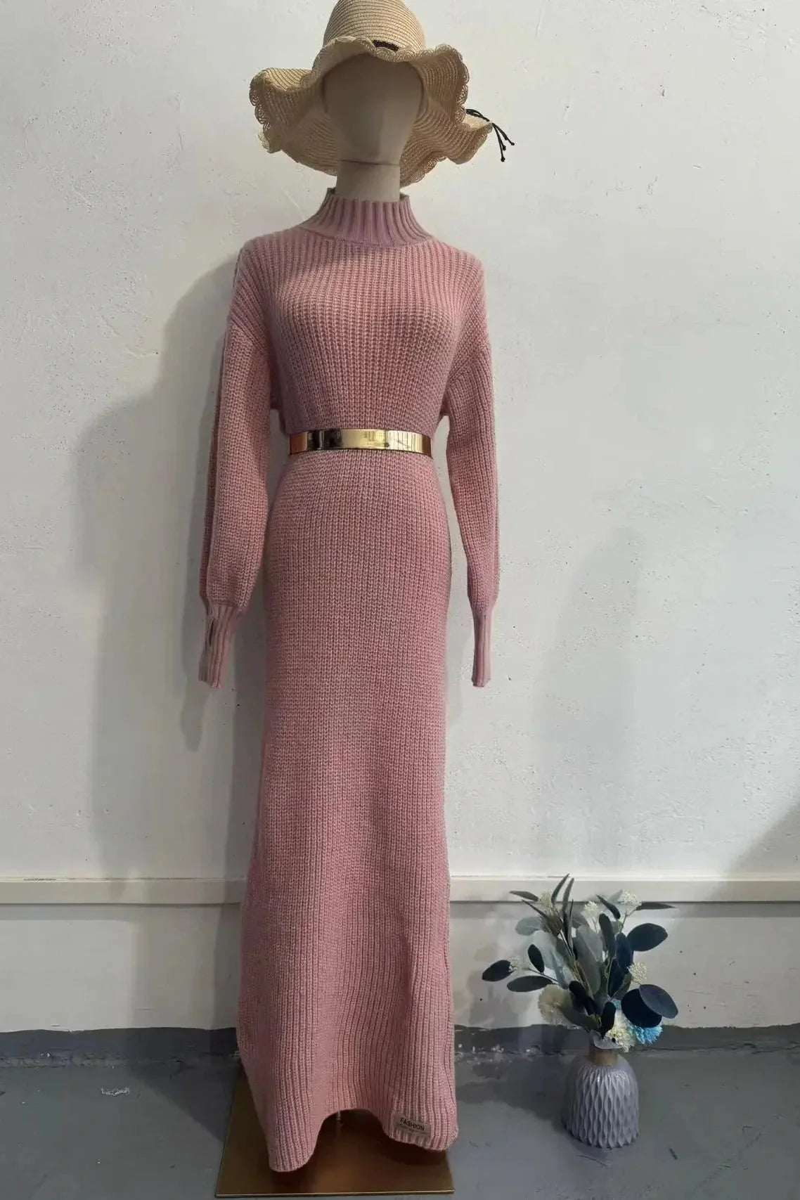 Elegant Knitted Turtleneck Long Sleeve Maxi Dress