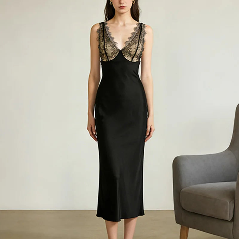 Elegant V-Neck Patchwork Backless Maxi Dress