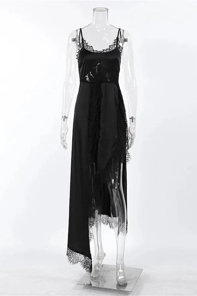 Lace Patchwork Slim See-Through Printed Maxi Dress