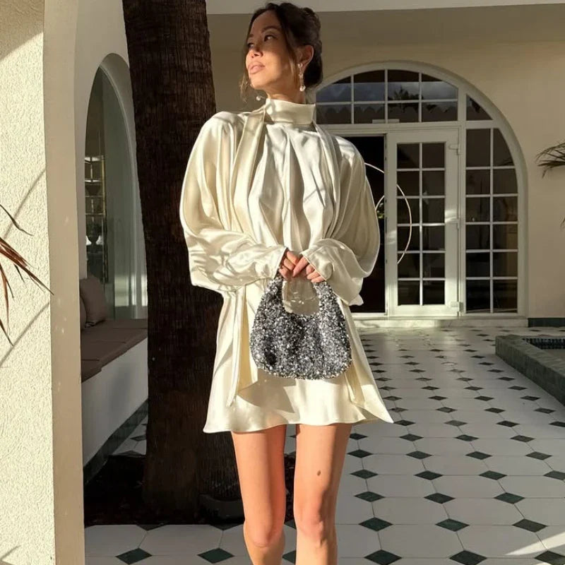 Lace-Up Long Sleeves Loose Mini Dress