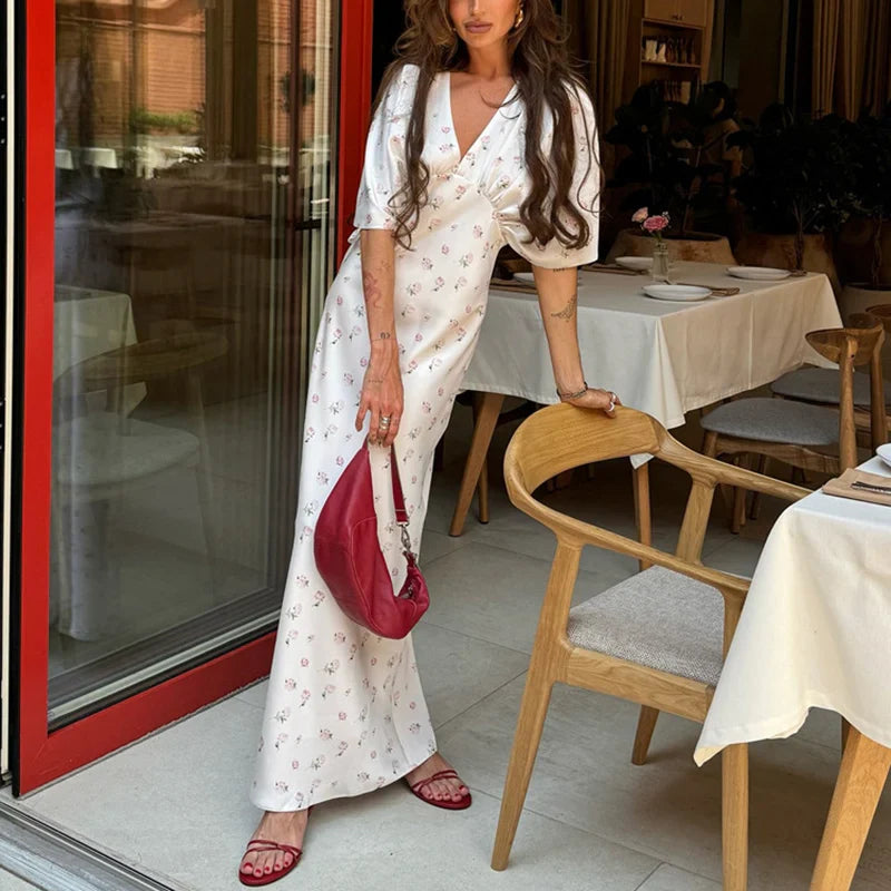 Printed V-Neck Short Sleeve Maxi Dress
