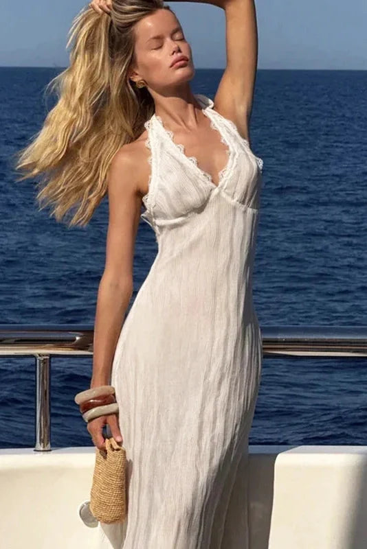 Deep V-Neck Lace Sleeveless Backless Midi Dress