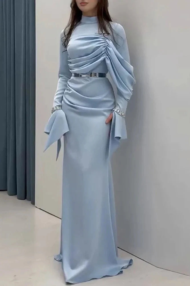 Pleated Slim Long Sleeve High Waist Irregular Maxi Dress