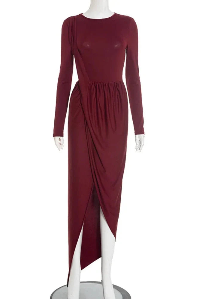 Long Sleeve High Split O Neck Bodycon Maxi Dress