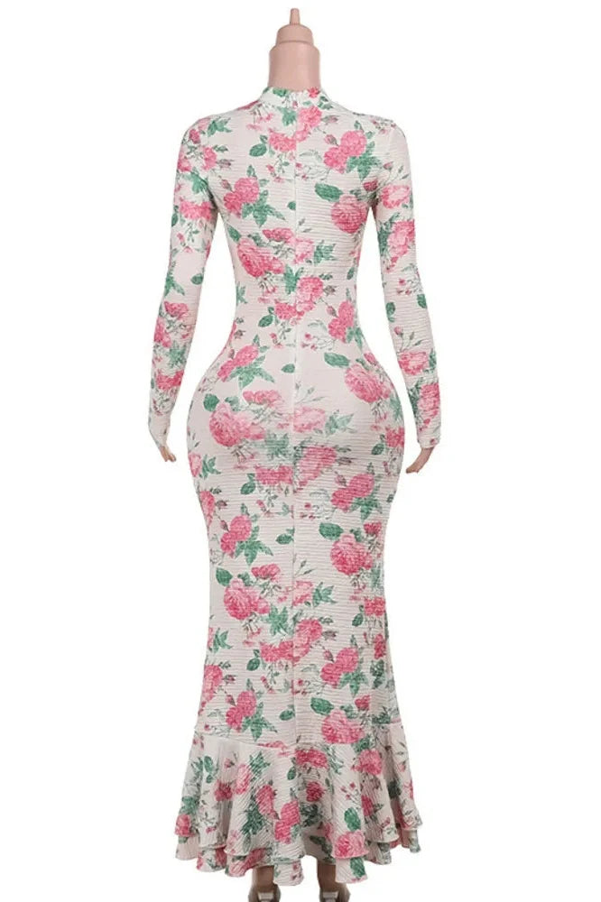 Bodycon Long Sleeve Print Zipper Maxi Dress