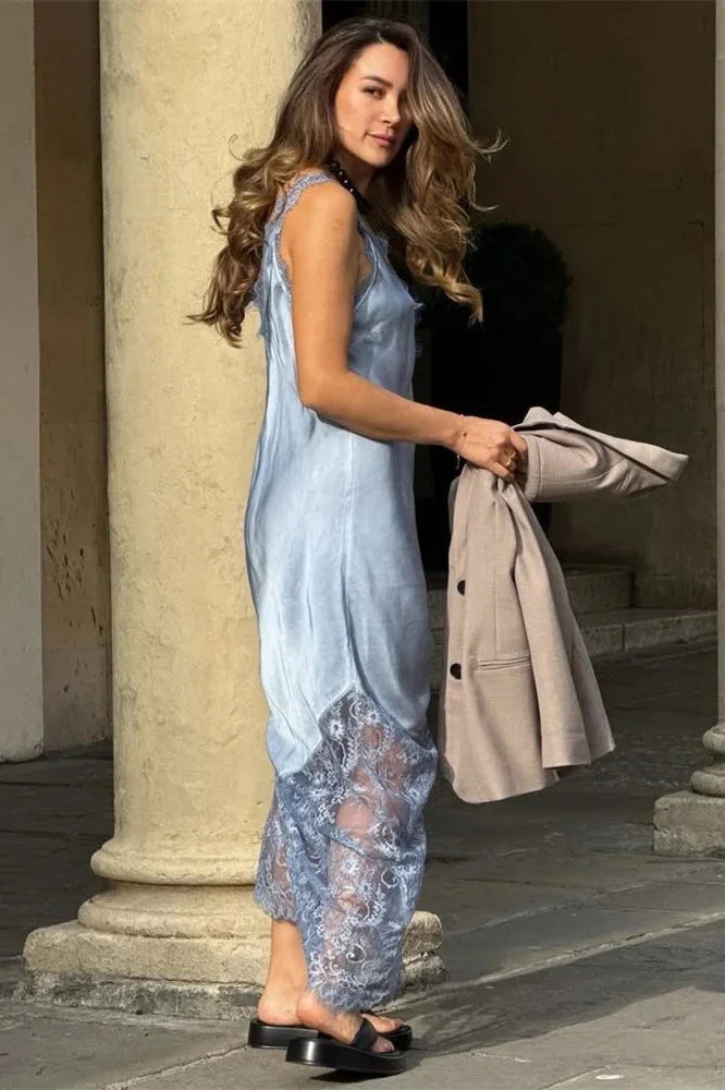 V-Neck Lace Patchwork Sleeveless Printed Slim Maxi Dress