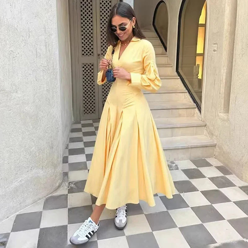V-Neck Half Sleeve Pleated Slim Maxi Dress