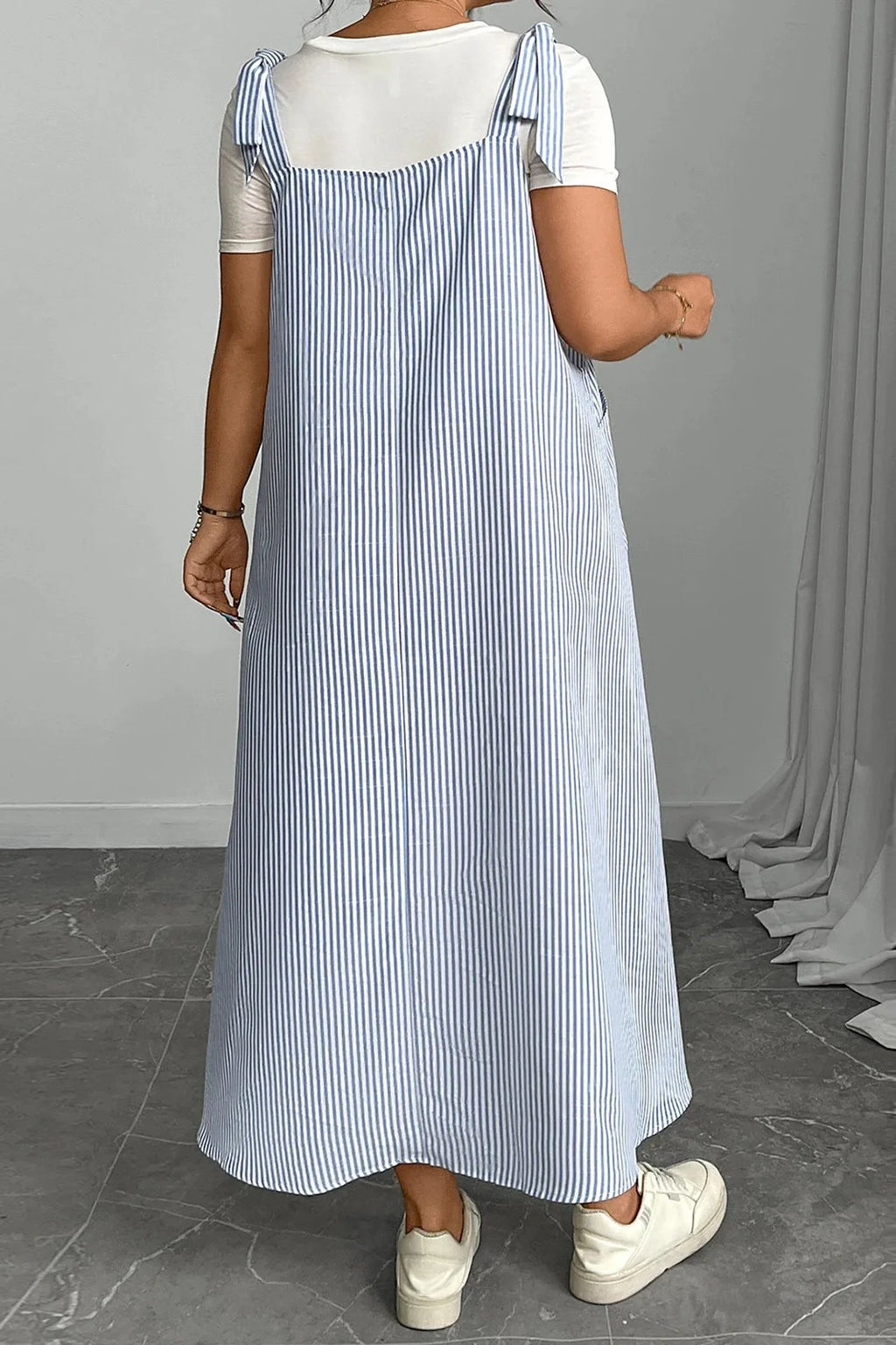 Sleeveless Tie Shoulder Striped Loose Maxi Dress