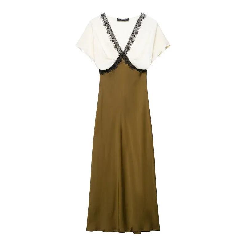 V Neck Lace Patchwork Half Sleeve A-Line Maxi Dress
