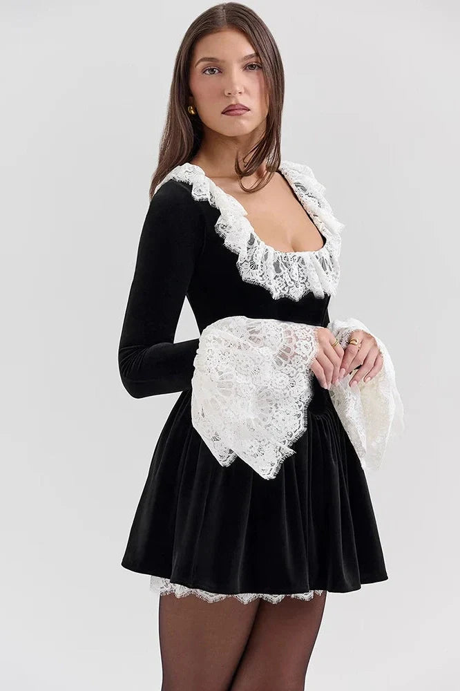 Lace Flare Long Sleeve High Waist Pleated Mini Dress