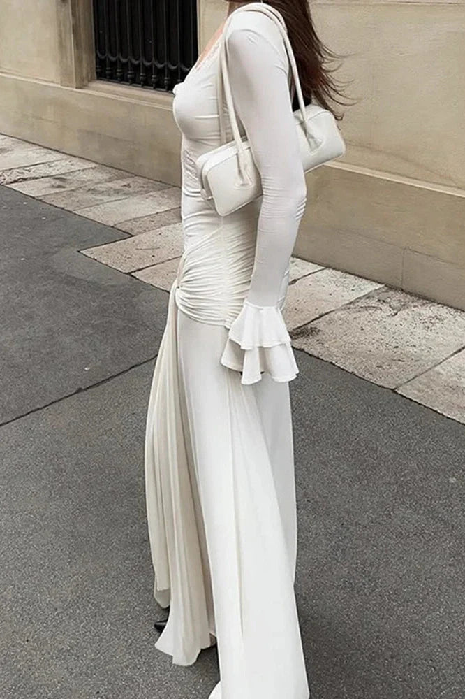 Hollow Out Long Sleeve Pleated V-Neck Lace Slim Maxi Dress