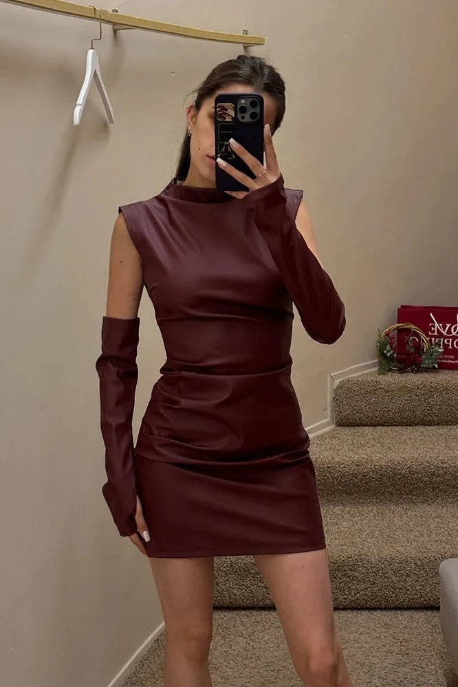 Elegant Sleeveless PU Leather Zipper Pleated Mini Dress
