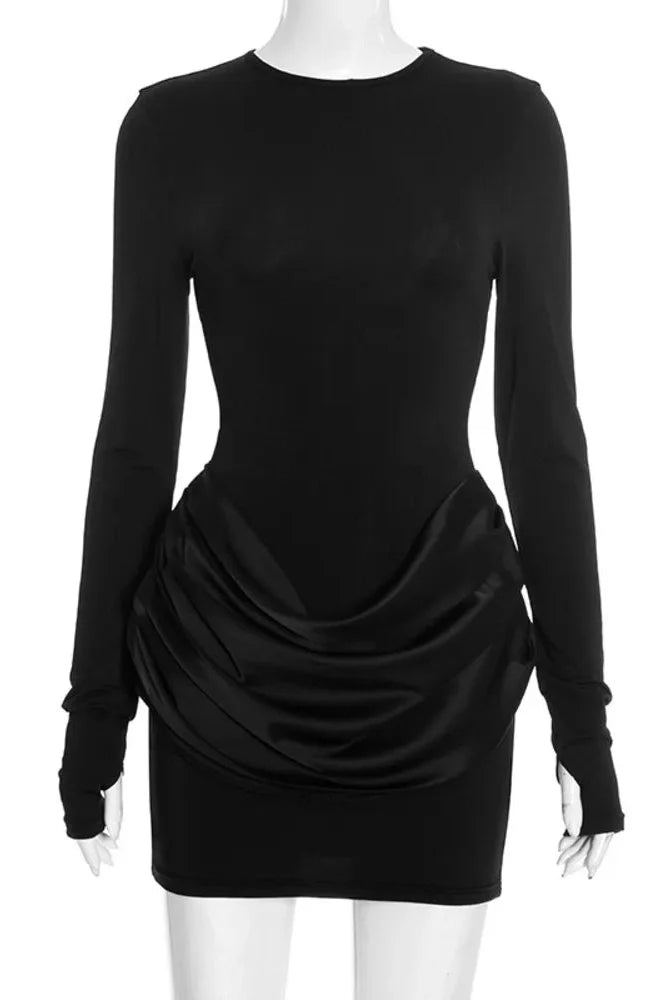 Long Sleeve Patchwork O Neck High Waist Mini Dress