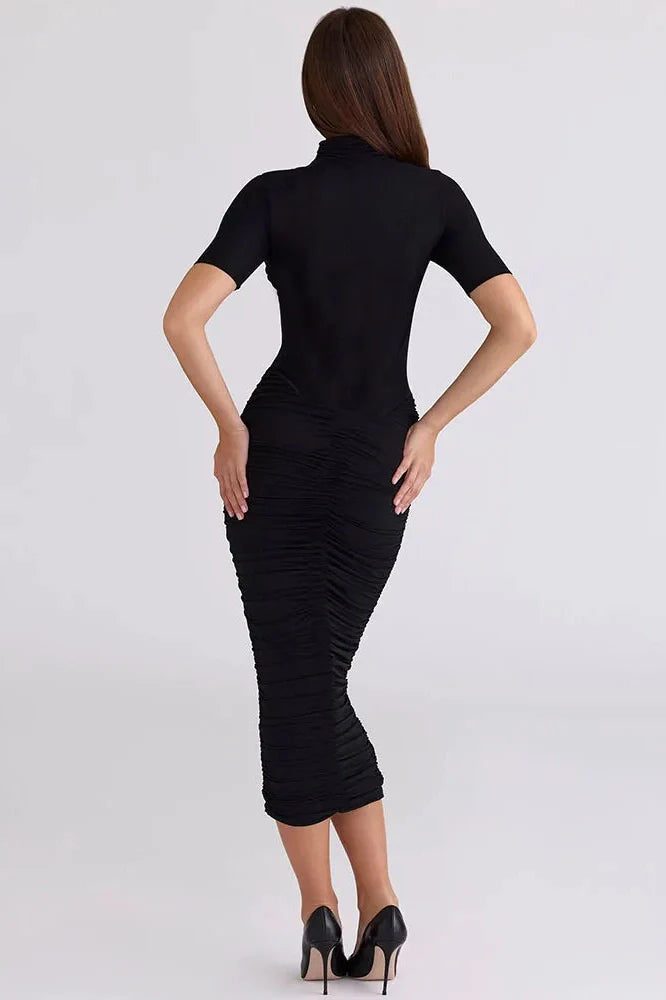 Turtleneck Short Sleeve Zipper Bodycon Midi Dress