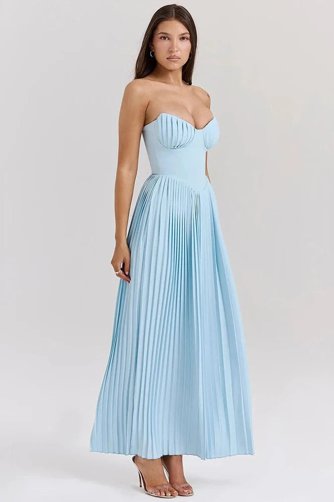 Off-shoulder Strapless Sleeveless Backless Pleated Maxi Dress