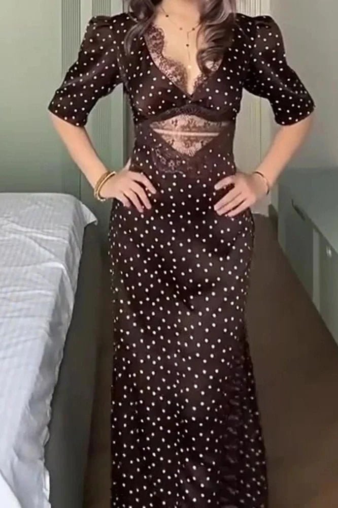 Short Sleeve Lace V-Neck Printed High Waist Maxi Dress