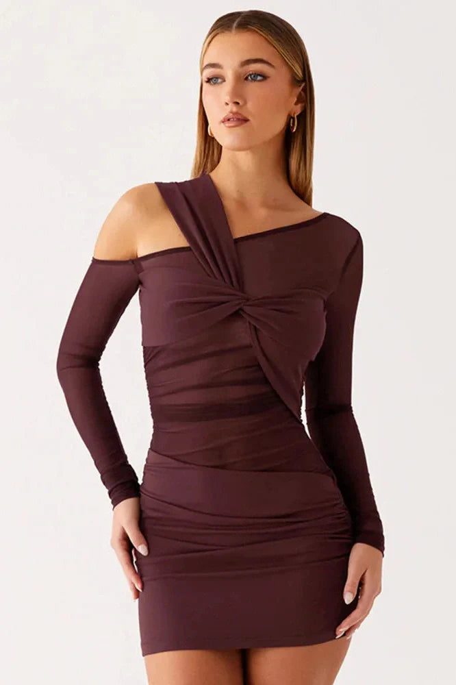 Inclined Shoulder Long Sleeve See Through Backless Mini Dress
