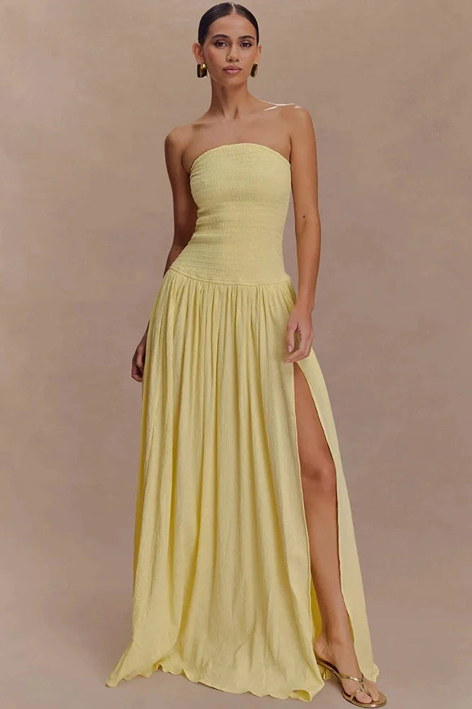 Off-Shoulder Strapless Sleeveless Backless High Split Pleated Maxi Dress