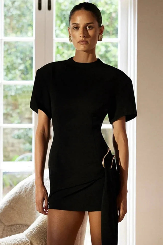 Short Sleeve Metal Buckle O Neck Bodycon Mini Dress