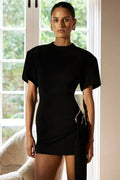 Short Sleeve Metal Buckle O Neck Bodycon Mini Dress