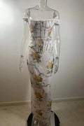 Printed Off-Shoulder Sleeveless Backless Bodycon Maxi Dress