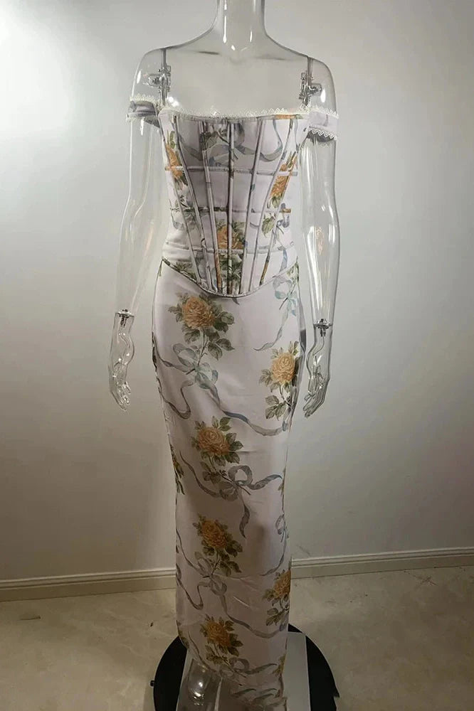 Printed Off-Shoulder Sleeveless Backless Bodycon Maxi Dress