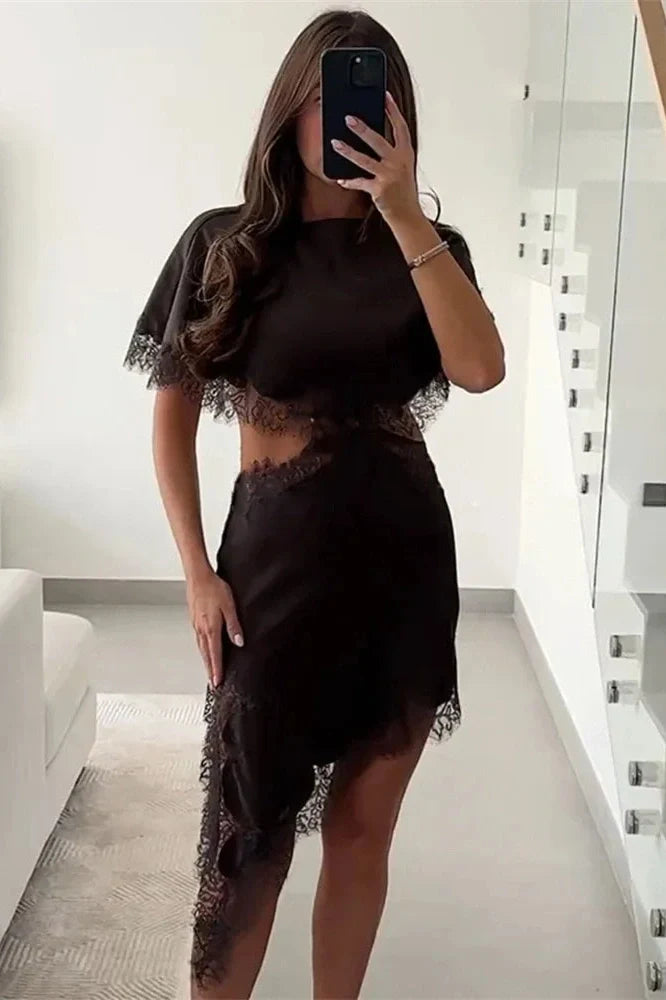 Hollow Out Lace Patchwork Short Sleeve Printed Mini Dress